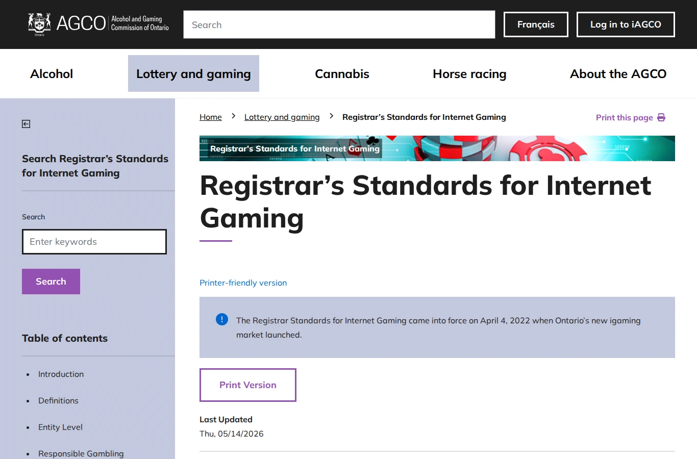 AGCO's Registrar's Standards for Internet Gaming guide page on the regulator's website