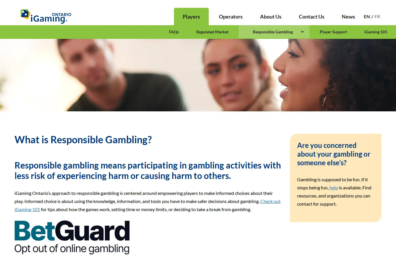 iGaming Ontario's responsible gambling page showing the BetGuard self-exclusion tool