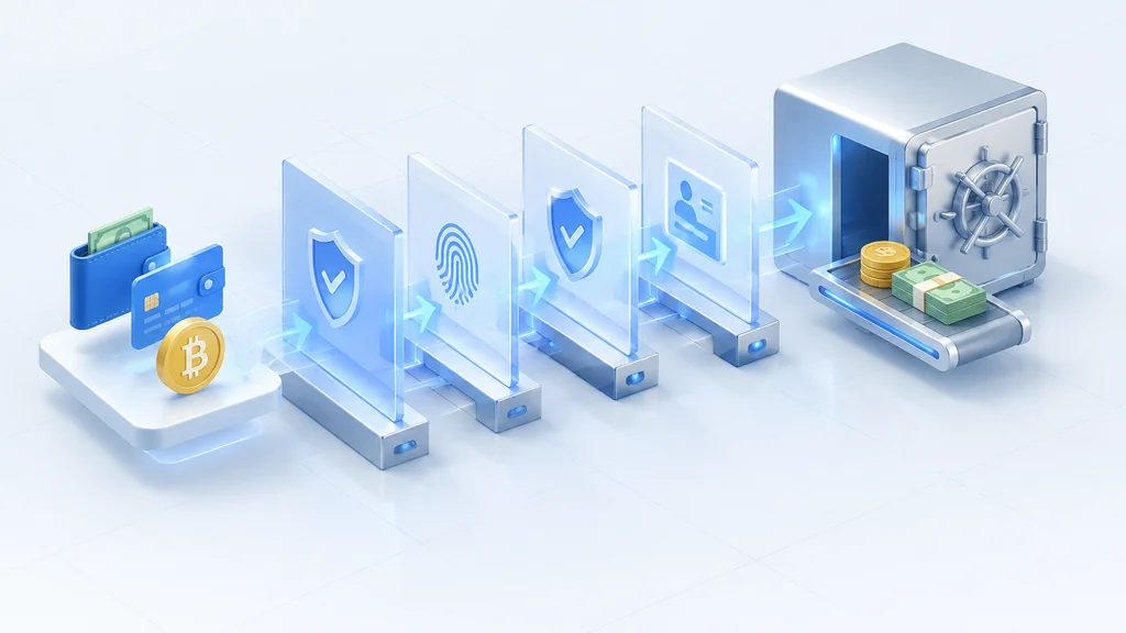 Isometric verification checkpoints with payment icons flowing through layered gates toward a vault
