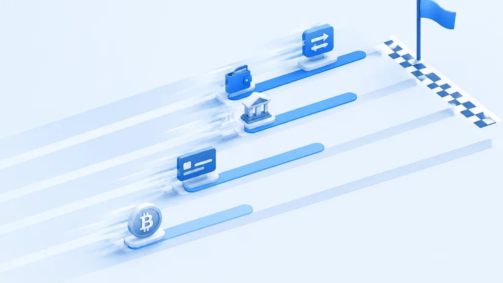 Five payment methods positioned at different distances from a payout finish line in isometric style