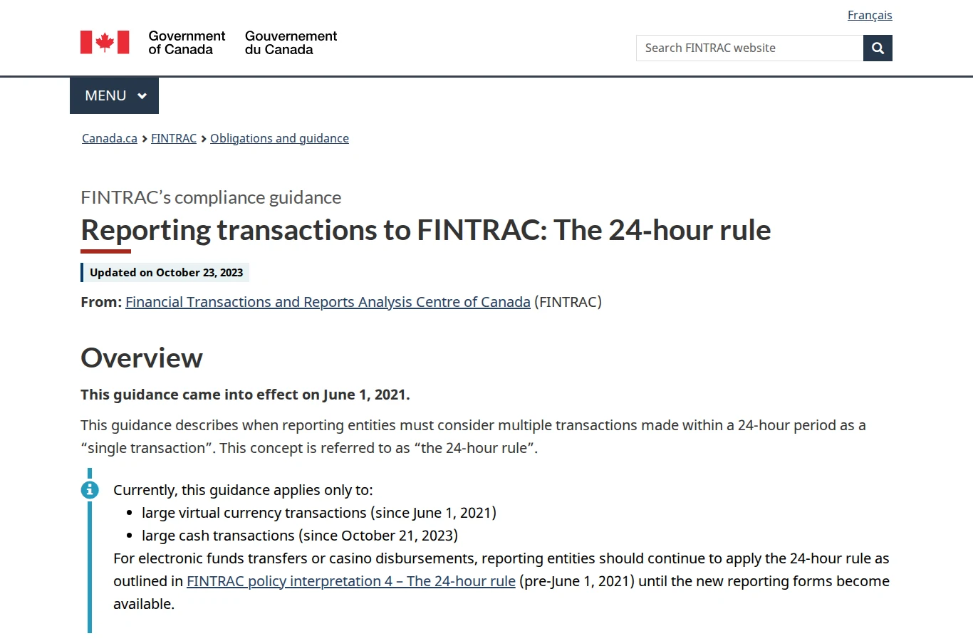 Screenshot of FINTRAC's official guidance page on the 24-hour transaction aggregation rule